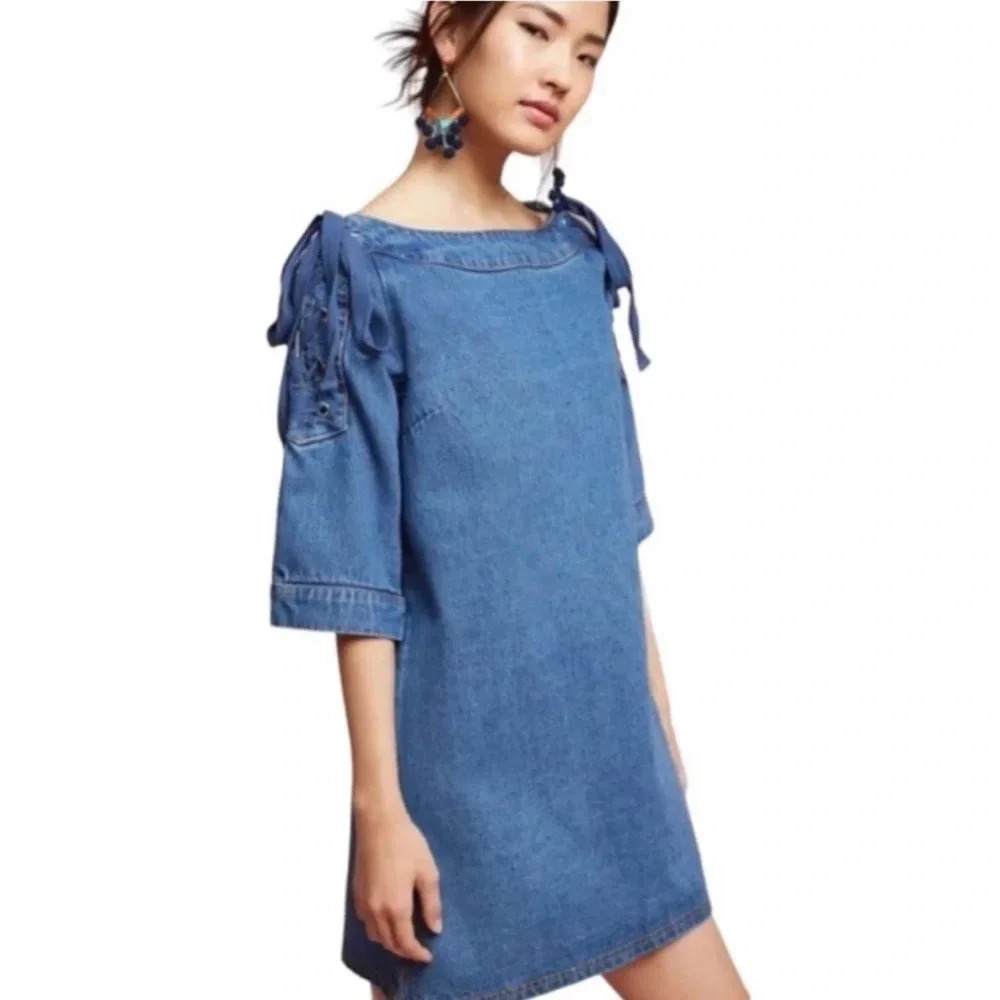EUC Maeve Anthropologie Blue Denim Lace Up Shoulder Mini Shift Dress Size Small - Picture 3 of 13